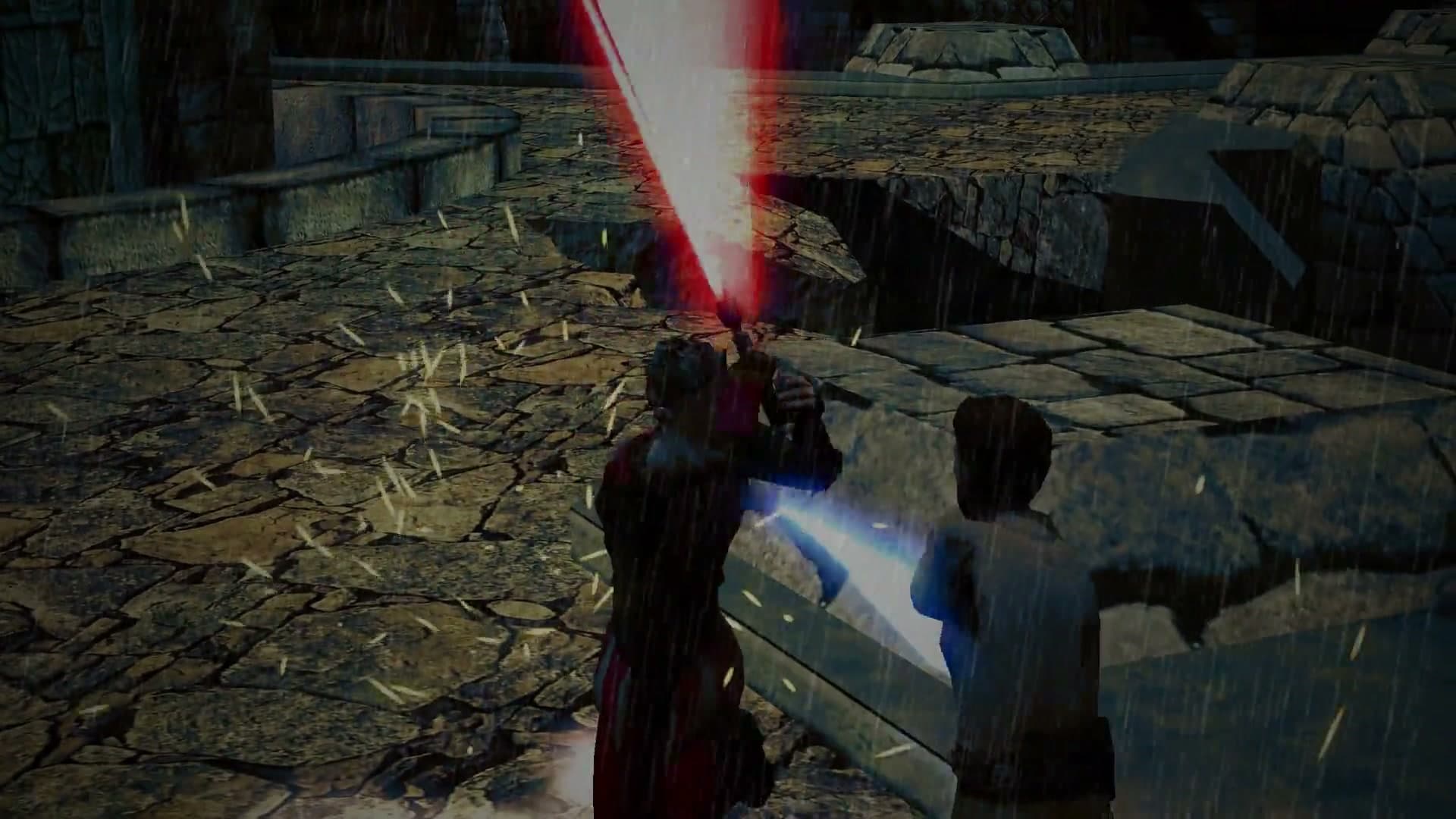 Da Capo: two Jedi fighting with red and blue lightsabers in a rainy courtyard.