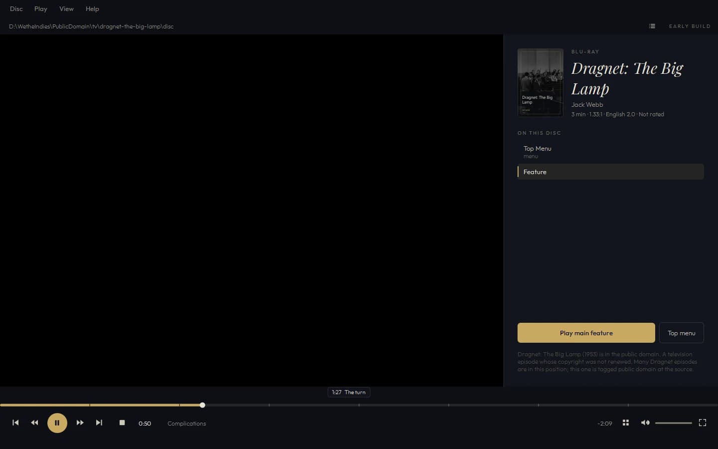 Goldwing Media Player with a Blu-ray in: the disc panel shows the cover, title, runtime and a Play main feature button; the picture area is dark between scenes.