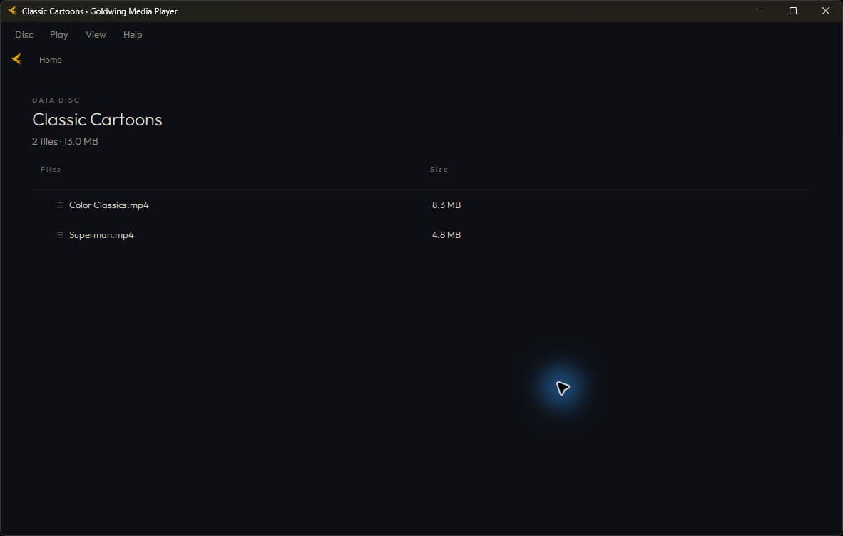 Goldwing Media Player showing a data disc as a file tree.