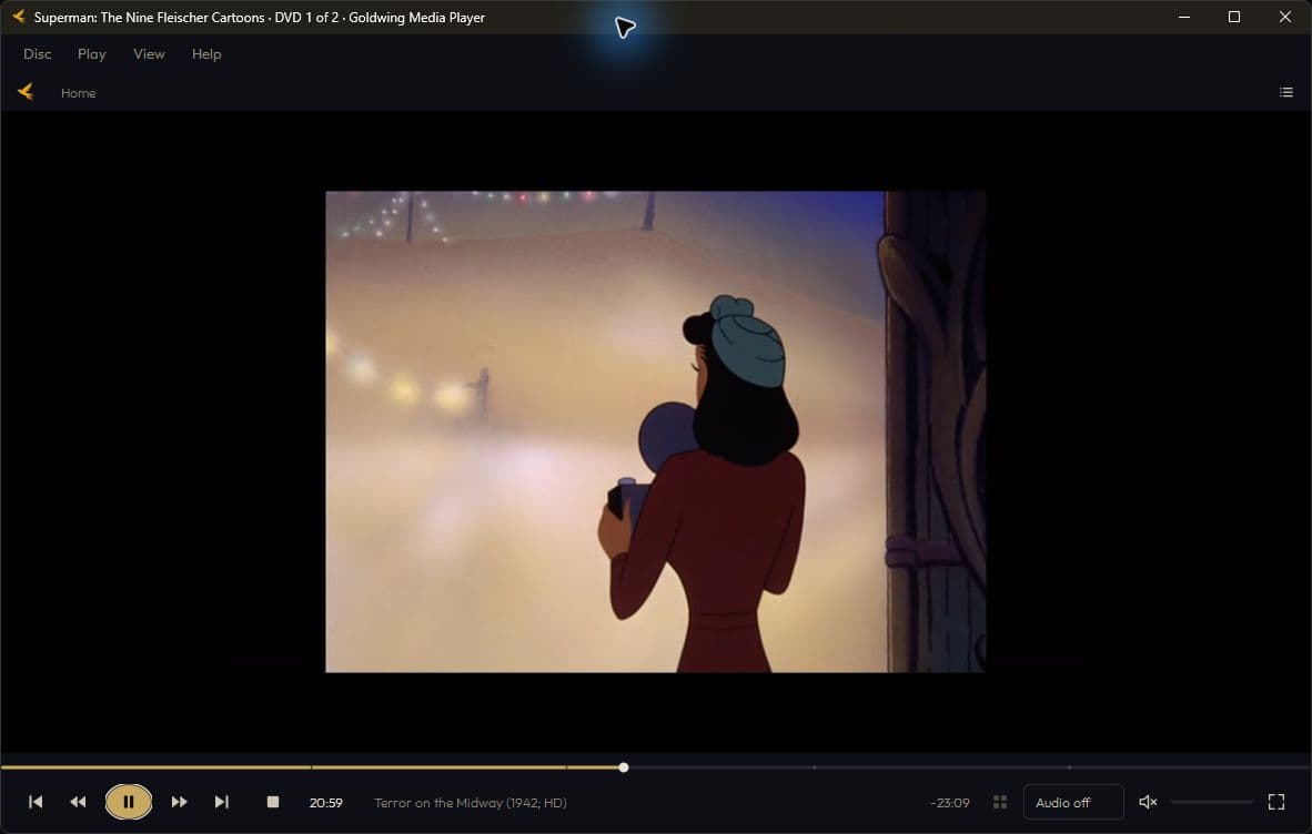 Goldwing Media Player playing a DVD with the movie frame and playback controls.