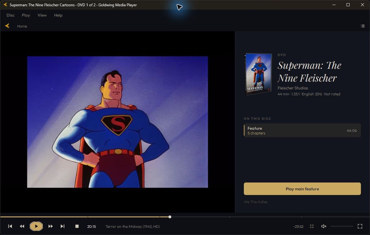 Goldwing Media Player playing a DVD with the movie frame and title and chapters panel.