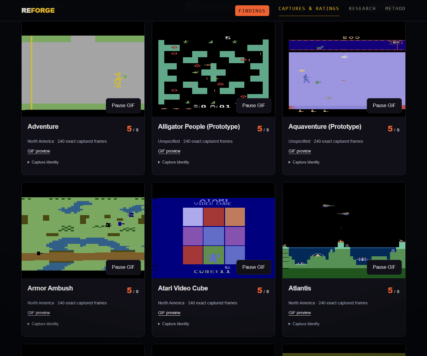 The REFORGE capture gallery, showing six Atari games and their review labels.