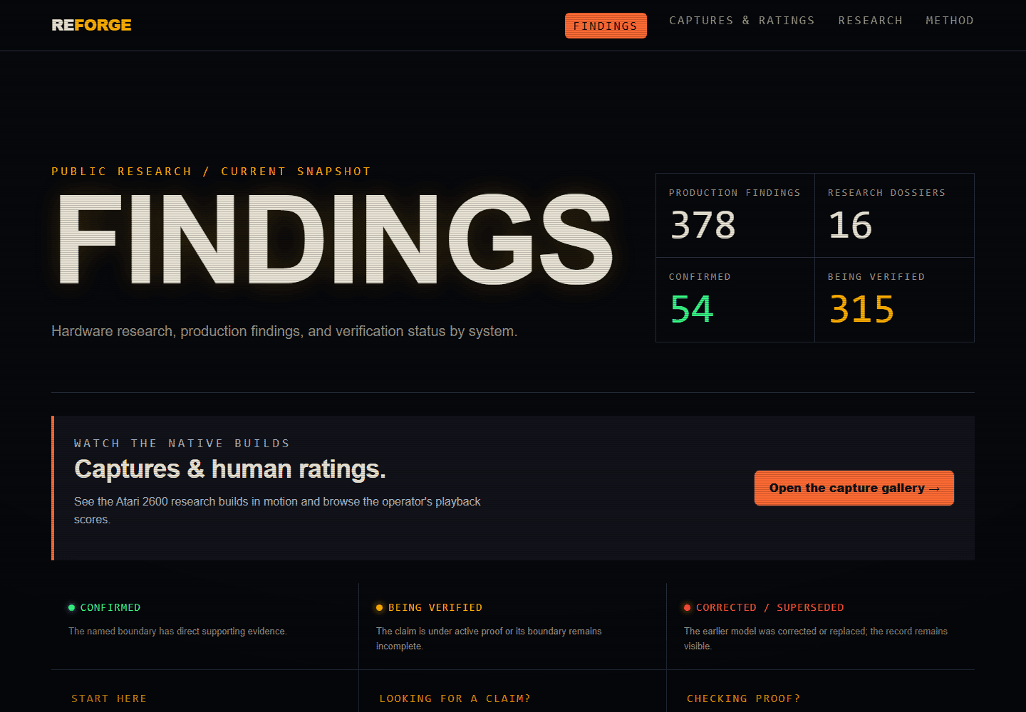 REFORGE’s findings page, with research entries and verification filters.