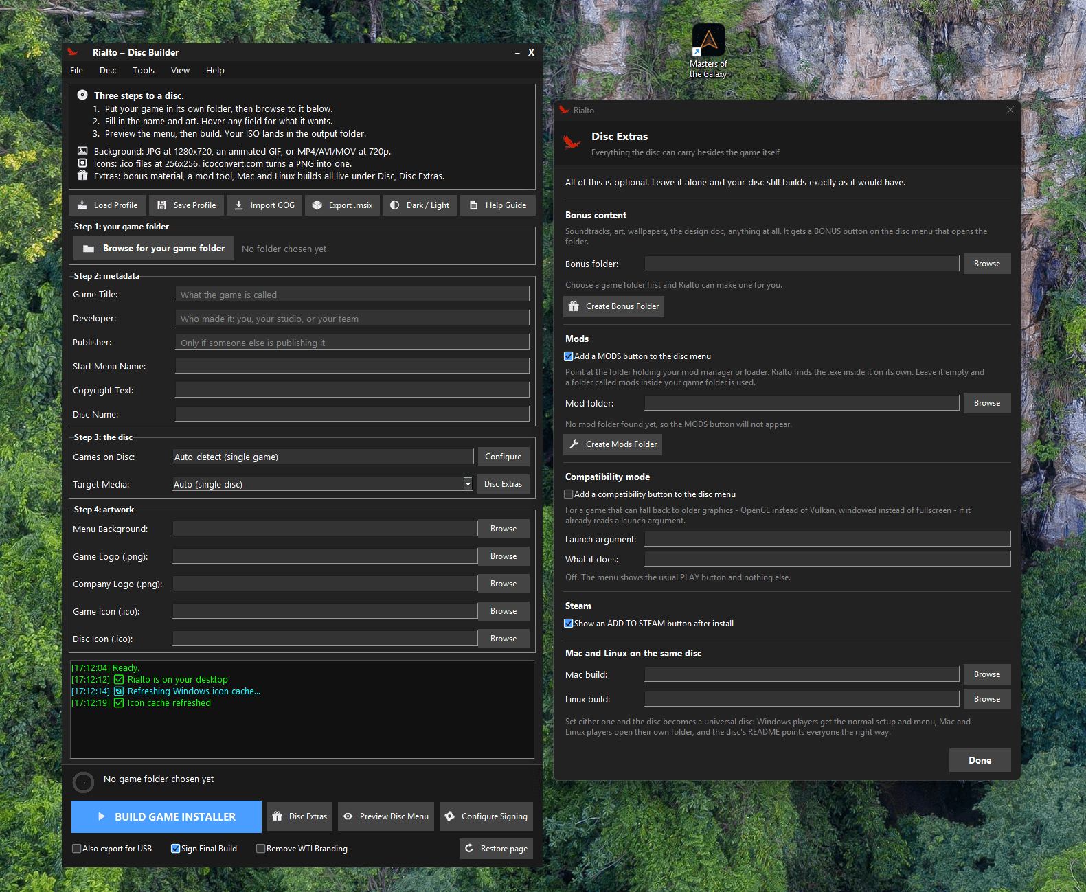The Rialto 1.5 window: three steps to a disc, artwork rows, Build Game Installer, and a Disc Extras panel.