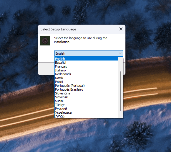 The installer language list Rialto writes, English selected at the top.