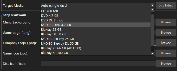 Rialto 1.5 Target Media list: CD, DVD, Blu-ray, M-DISC, and artwork browse rows.