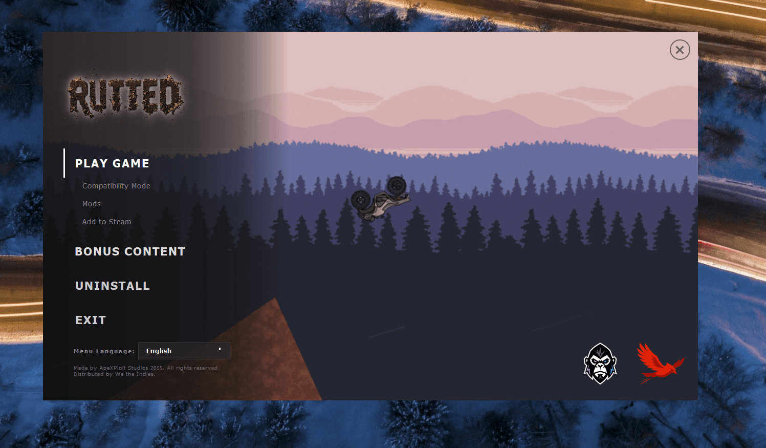 A Rialto disc menu for a game called Rutted: Play Game, Bonus Content, language, and the We The Indies bird.