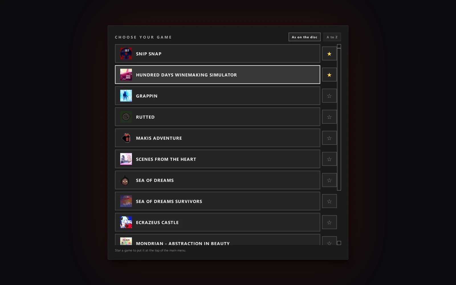 The Choose Your Game page of that disc: each game with its own picture, and a star that lifts a favorite to the top.