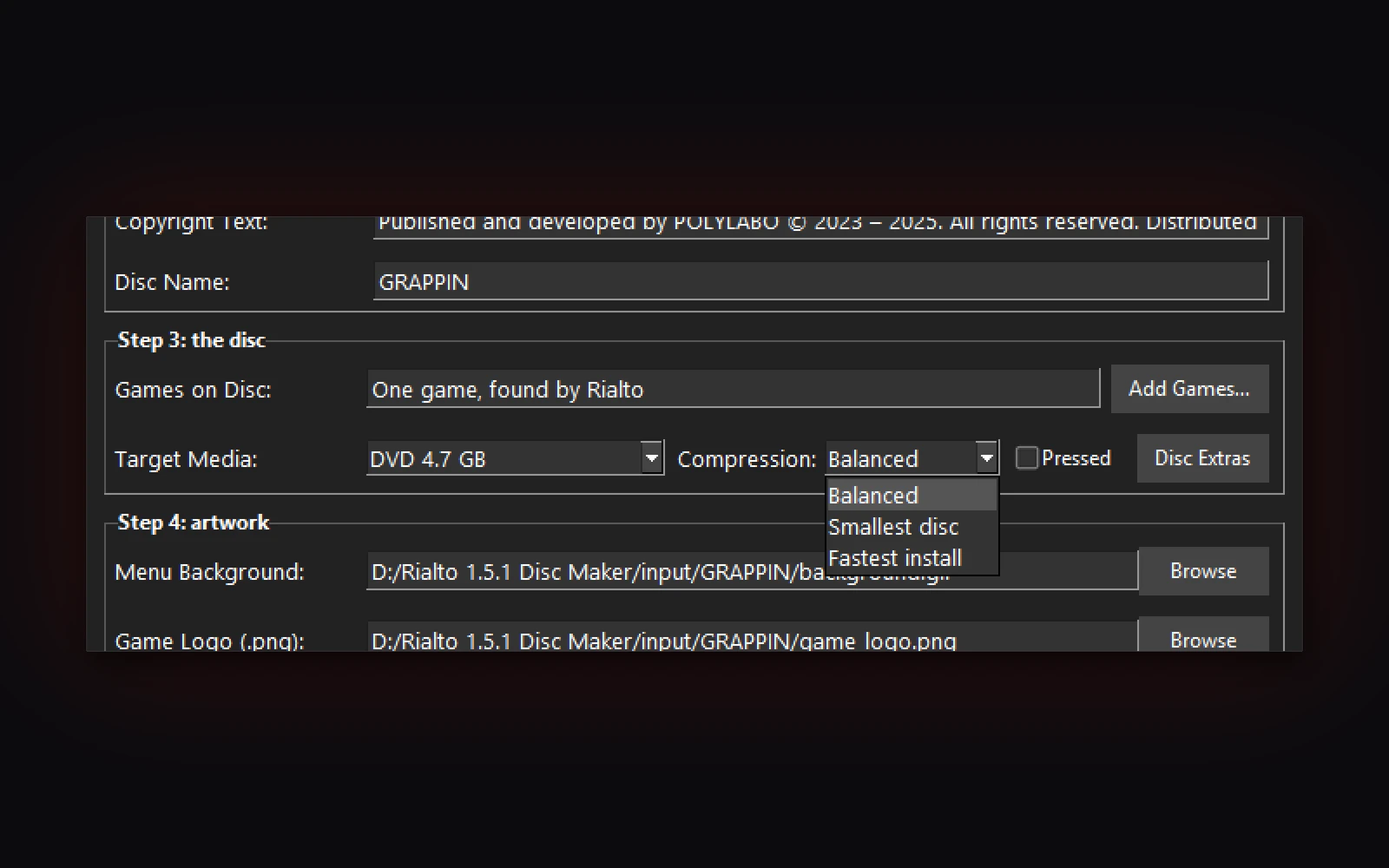 The Compression list open: Balanced, Smallest disc and Fastest install.