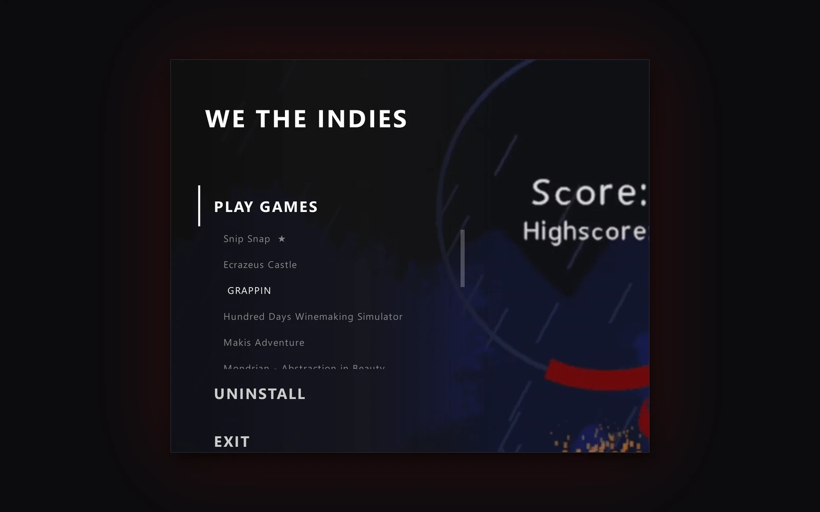 The disc menu with the focus on a game line, GRAPPIN, where any Xbox-style pad's D-pad or stick moves it.