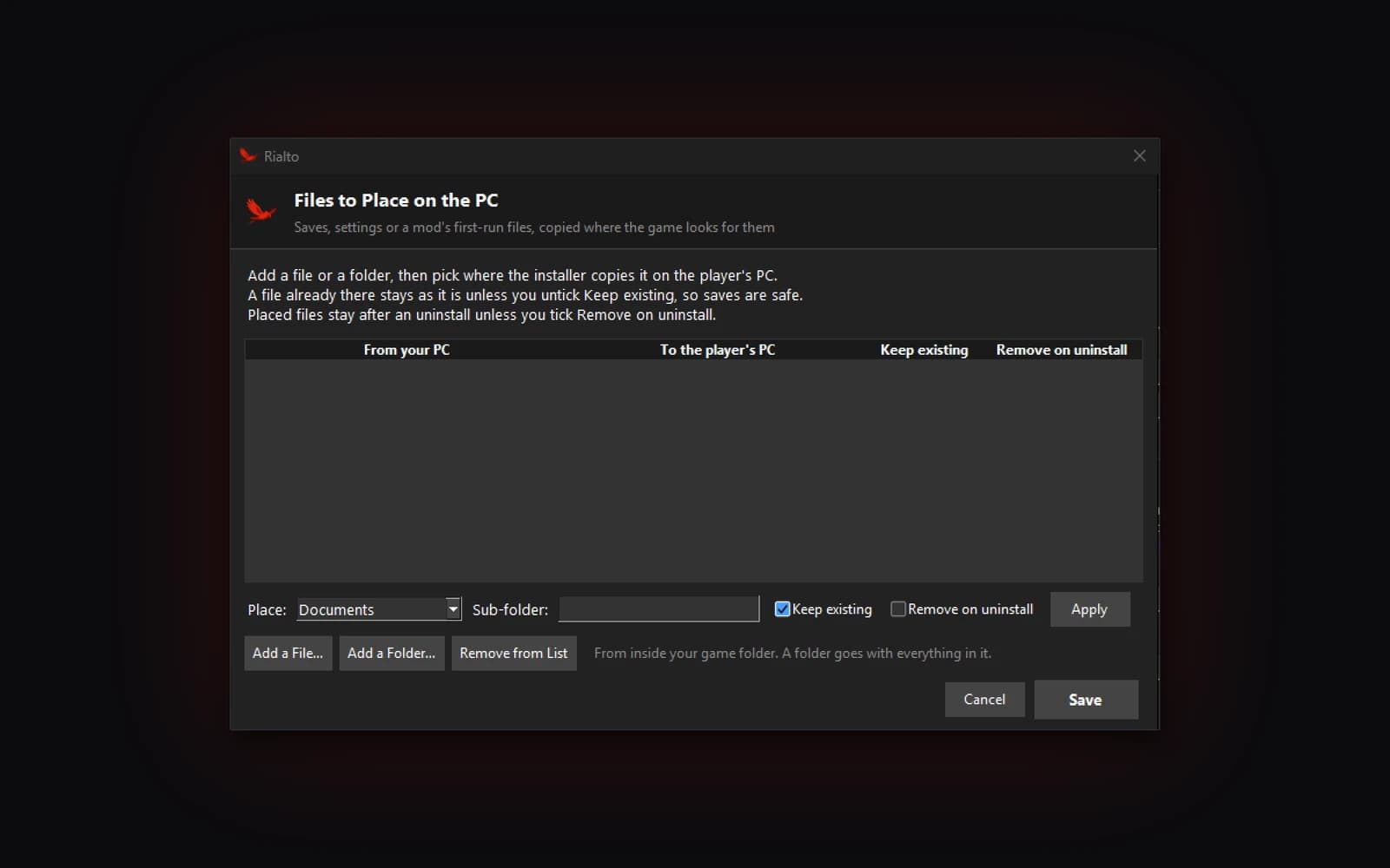 Files to Place on the PC, opened from Disc Extras: where a game's saves or settings go on the player's PC, apart from the player's own files.