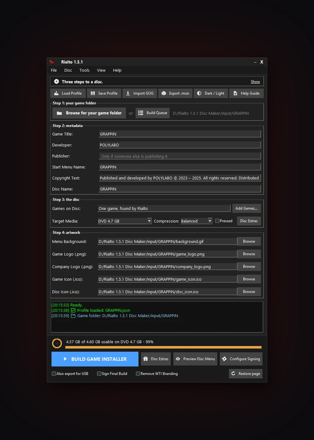 Rialto 1.5.1's main window with GRAPPIN loaded from its profile: the game folder, its name, the disc settings and the artwork, ready to build.