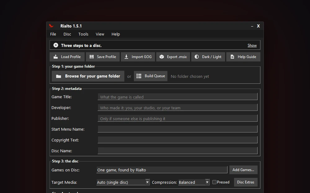 Rialto 1.5.1 as it opens for the first time: the four steps to a disc on one page, with nothing else to install first.