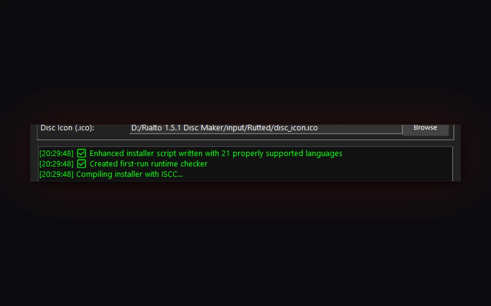 Rialto's log as it builds a game's installer: the installer script written with 21 languages for the player to install in.