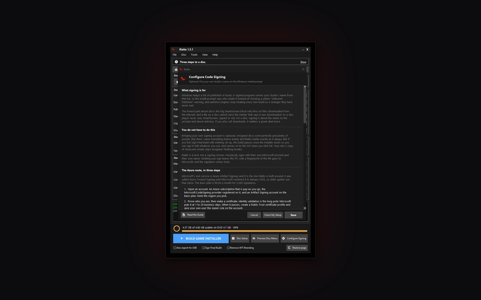 Configure Code Signing: what signing is for, and the steps to sign your discs with your own Microsoft account.