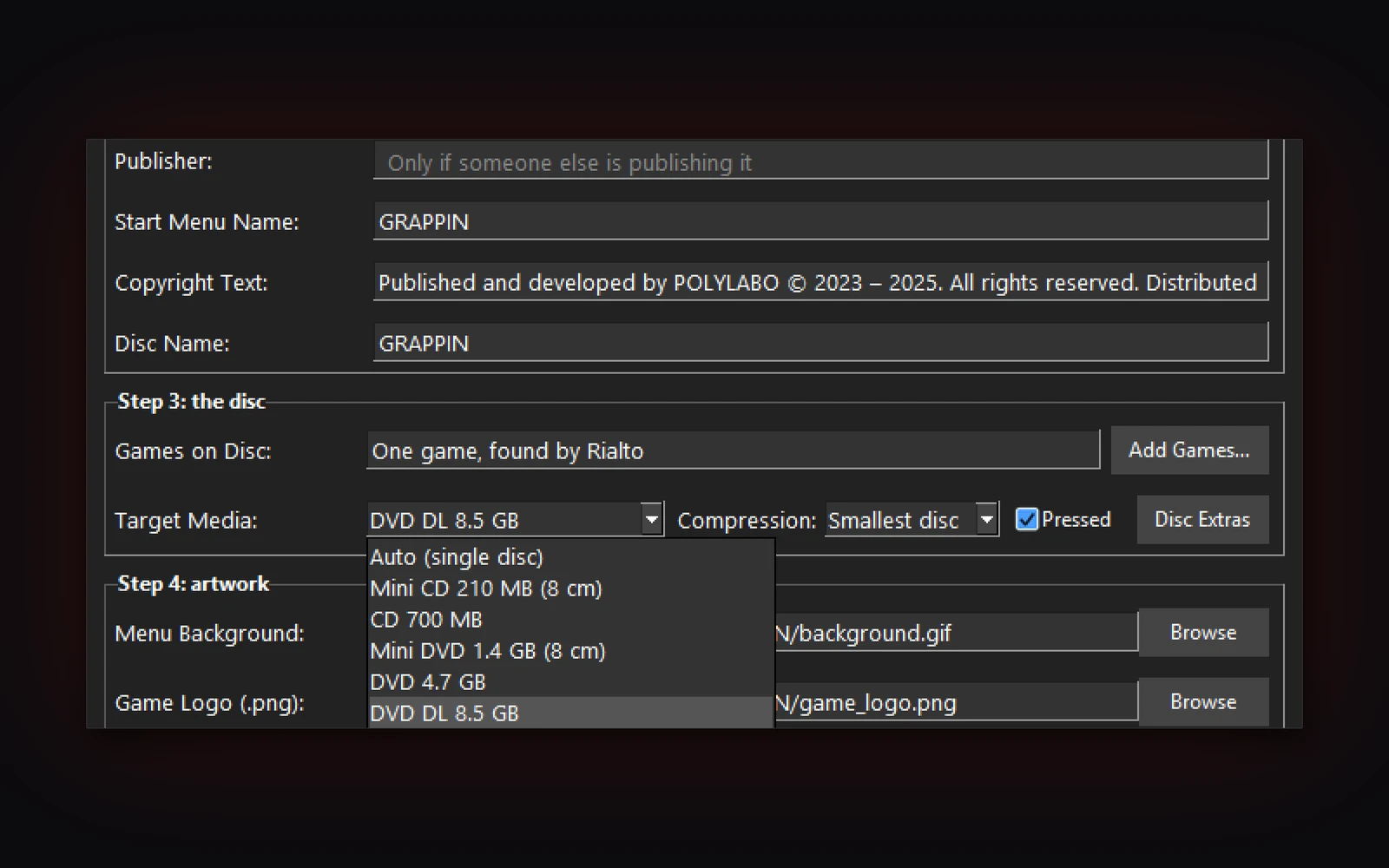 The Target Media list open over GRAPPIN's disc settings: Mini CD, CD, Mini DVD, DVD and dual-layer DVD.