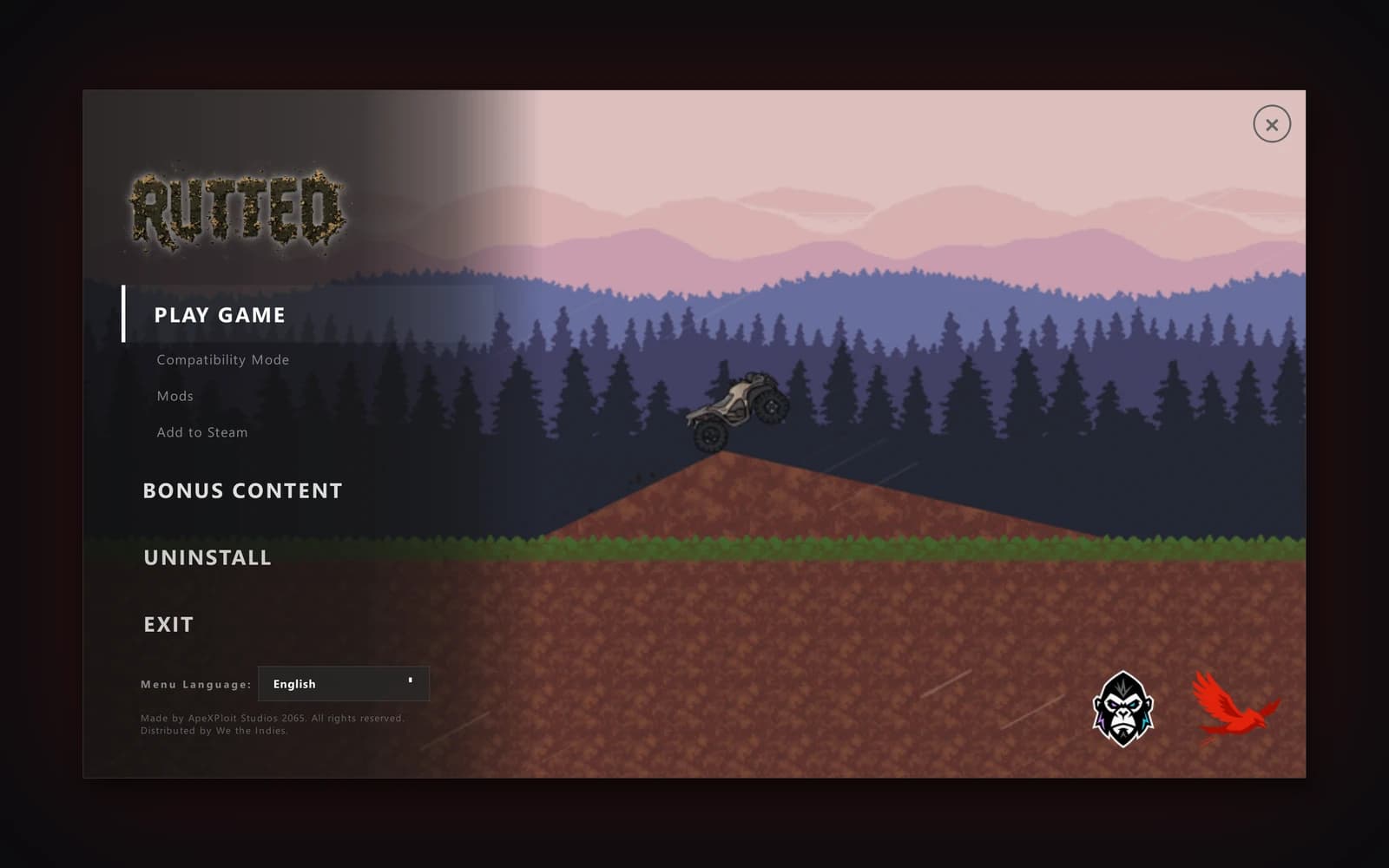 Preview Disc Menu showing Rutted's disc menu, with its Mods, Bonus Content and Add to Steam, before anything is built.