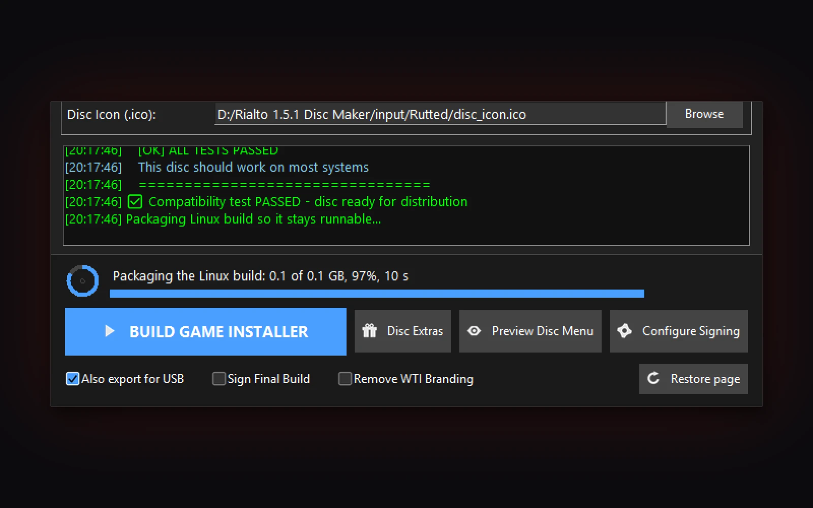 The line above Build, mid-build: packaging Rutted's Linux build, 97 percent, 10 seconds in, the log saying each step.