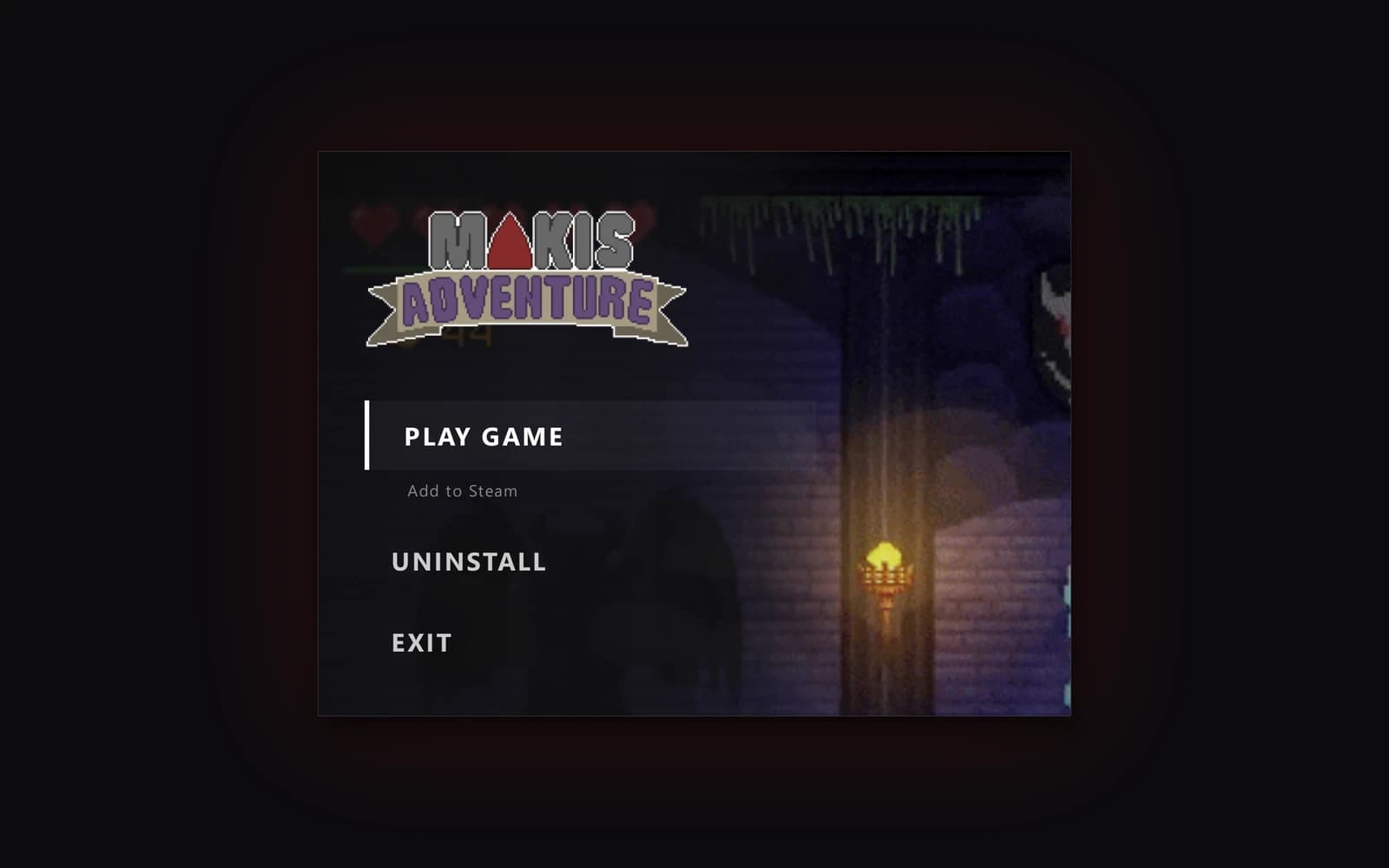 Makis Adventure's disc menu with Add to Steam under PLAY GAME.