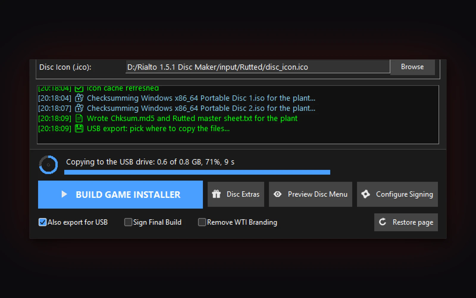 Also export for USB ticked, and the line above Build copying the finished disc to a USB drive.