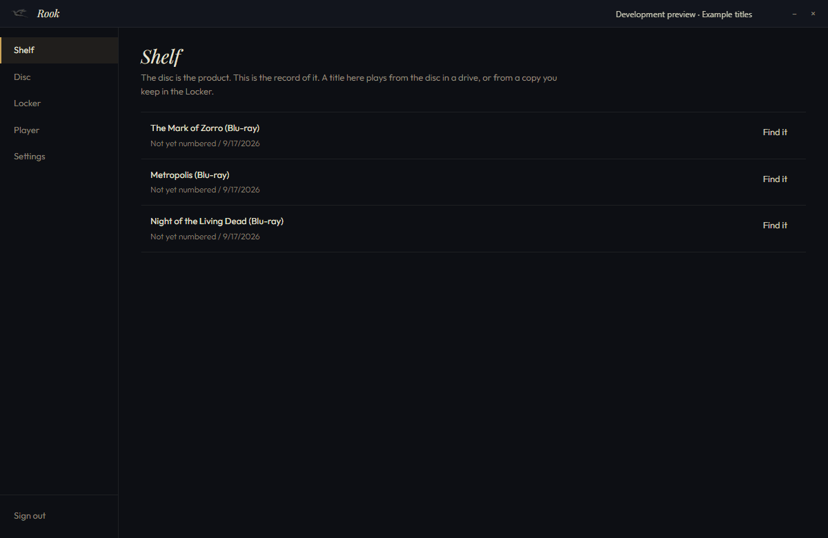 Rook’s current shelf interface. Development preview with example movie titles, not an actual account’s purchases.