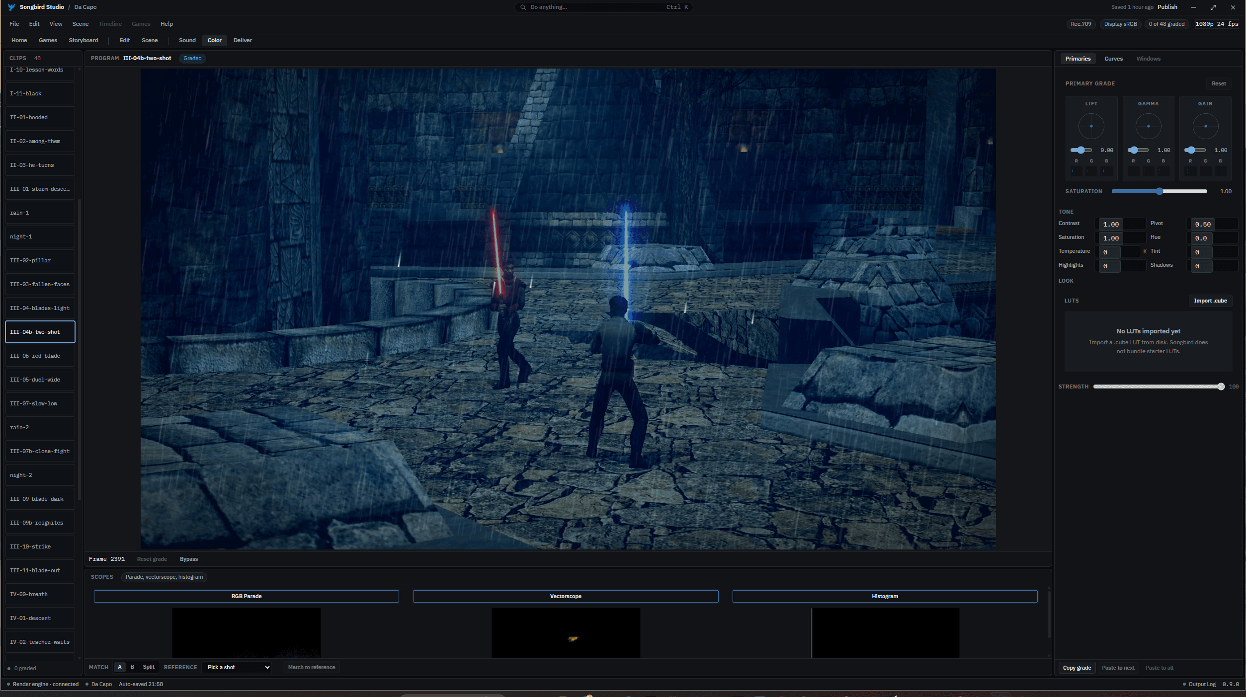 The Da Capo colour workspace showing a rainy Jedi Academy scene, grading controls and scopes.