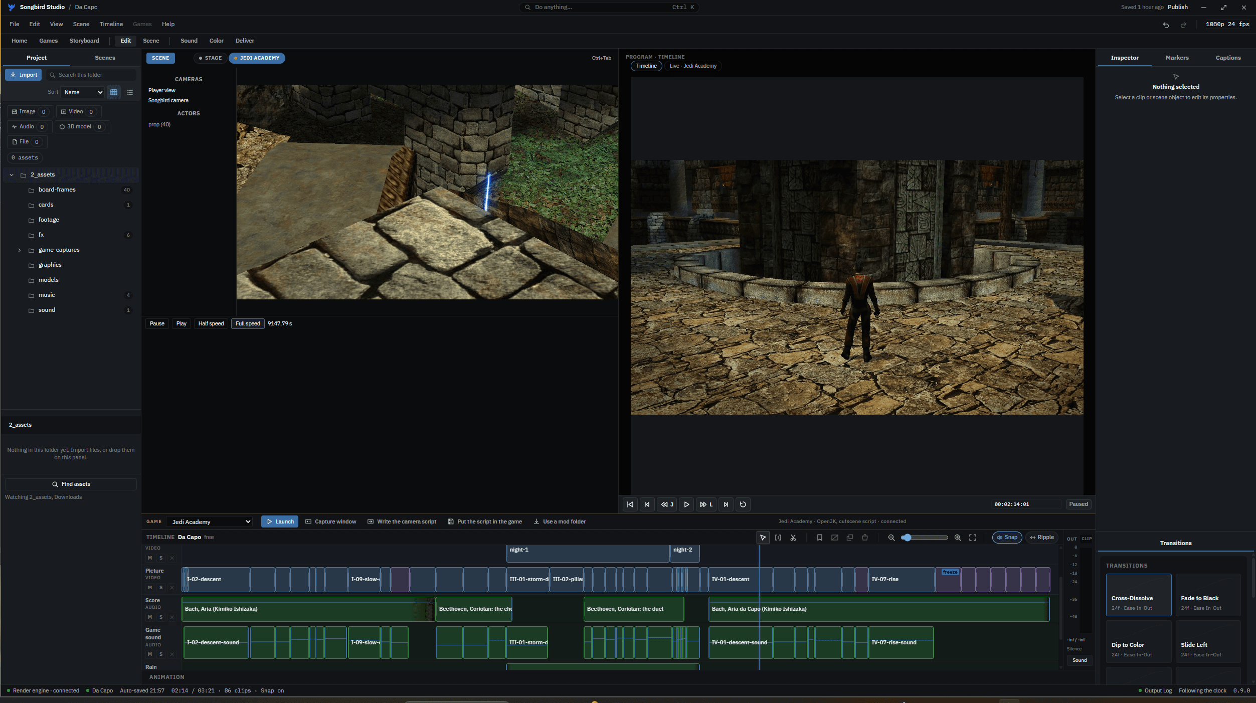 Da Capo in Songbird Studio: a live Jedi Academy view beside the film preview and editing timeline.