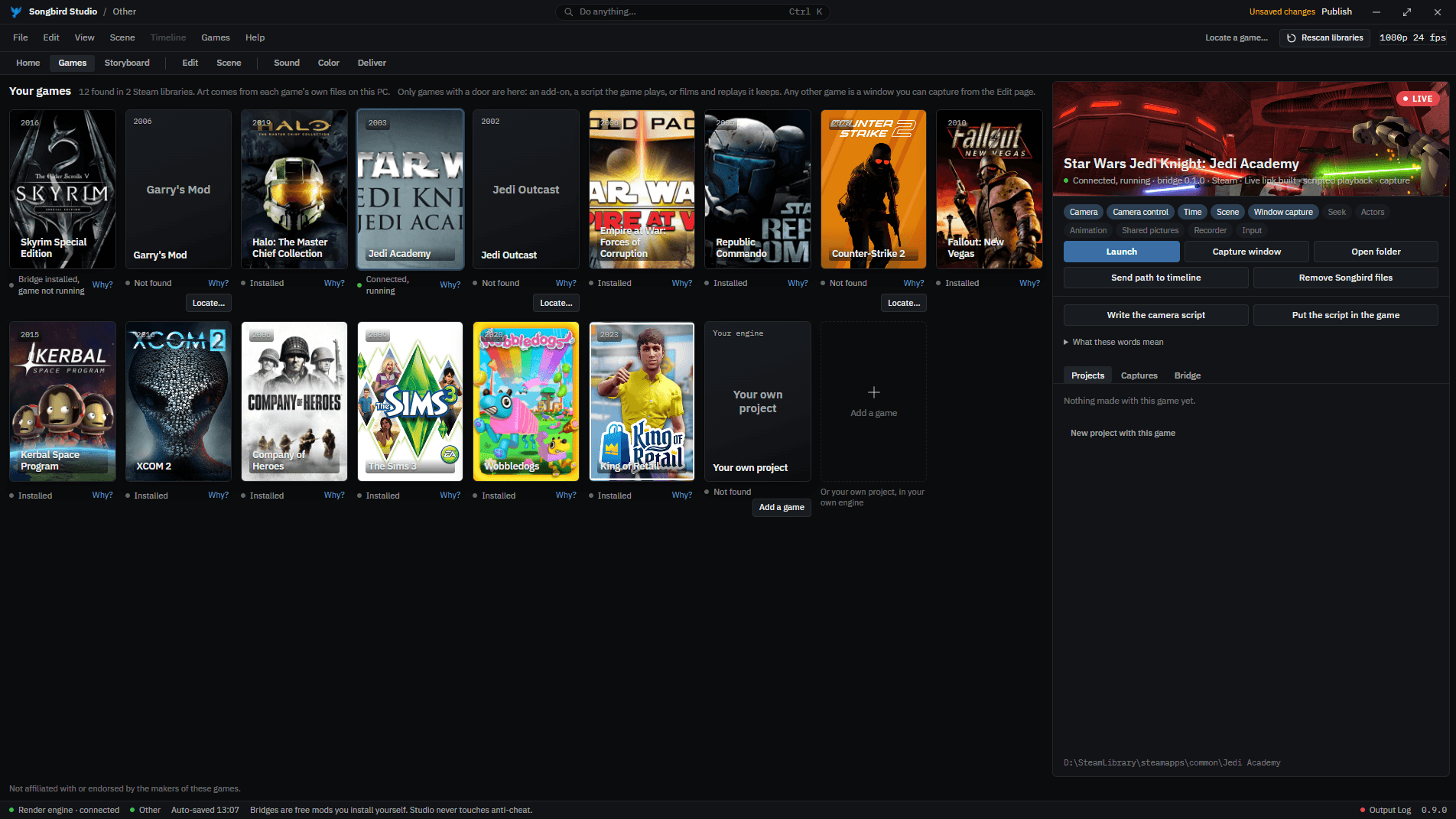 Songbird Studio’s game library with installed titles and a connected Jedi Academy session.