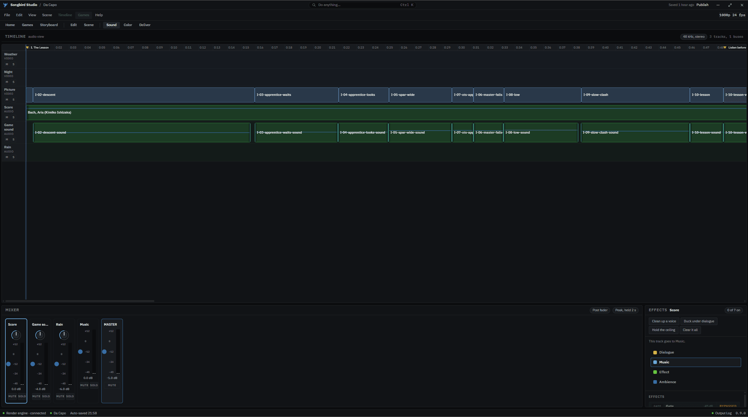 Songbird Studio’s sound workspace with the Da Capo audio timeline, mixer and effects controls.