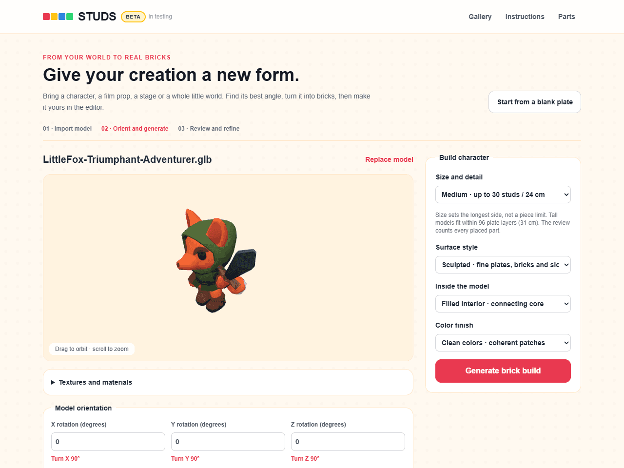 The real STUDS import window with Little Fox, model orientation and build settings.