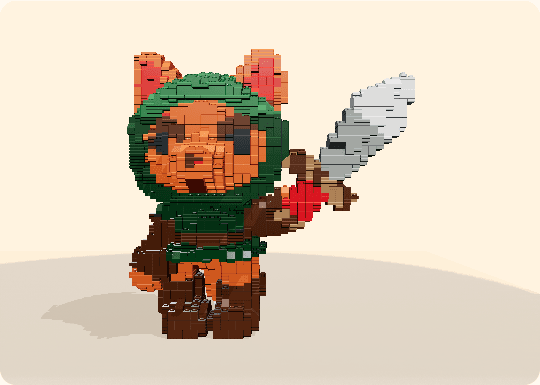 Little Fox converted into a coloured brick model in STUDS, with a green hood, orange face and silver sword.