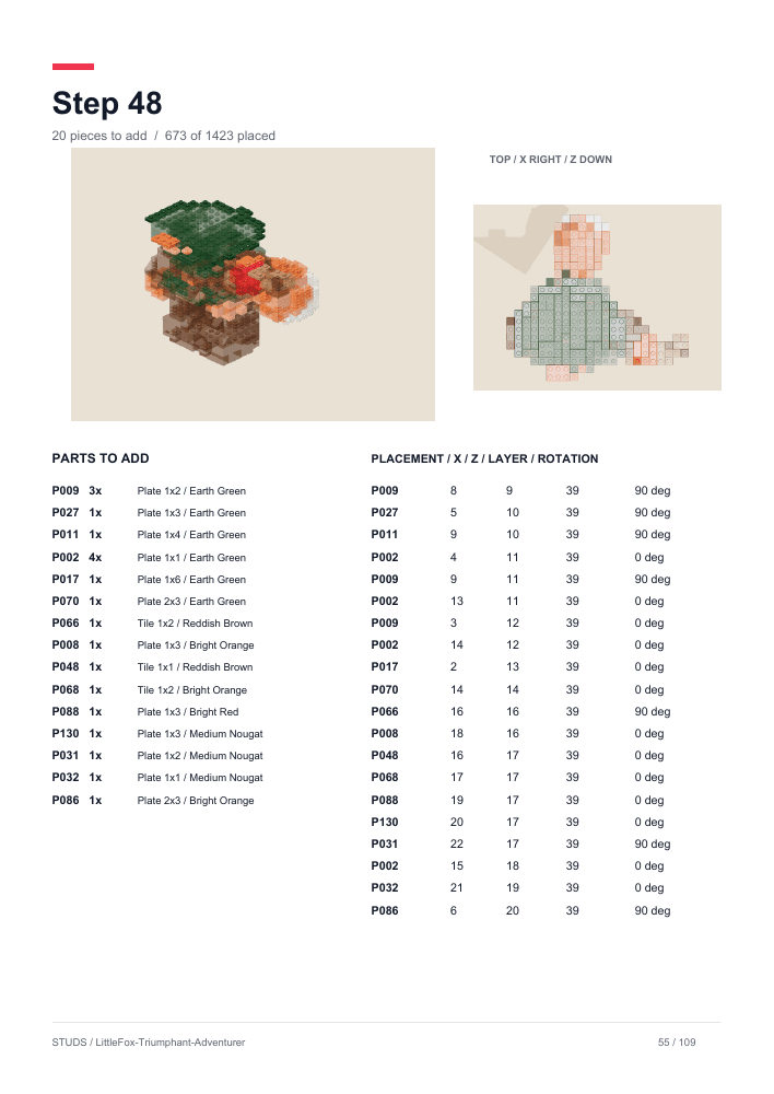 A STUDS instruction page showing a Little Fox building step and its required pieces.