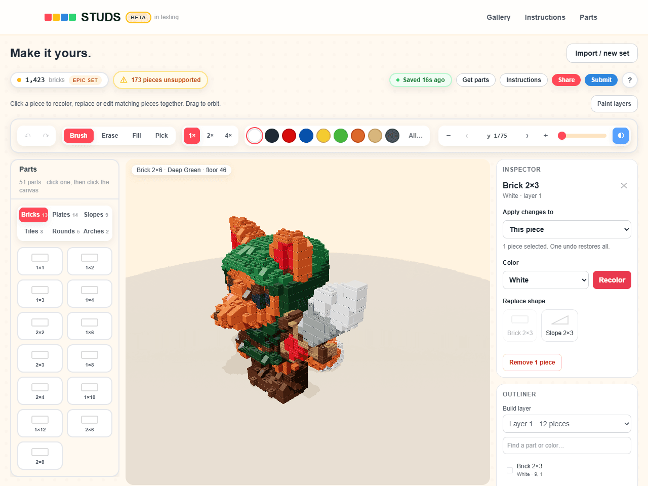 Little Fox zoomed in inside the STUDS editor, with the parts library and a selected piece’s editing controls.