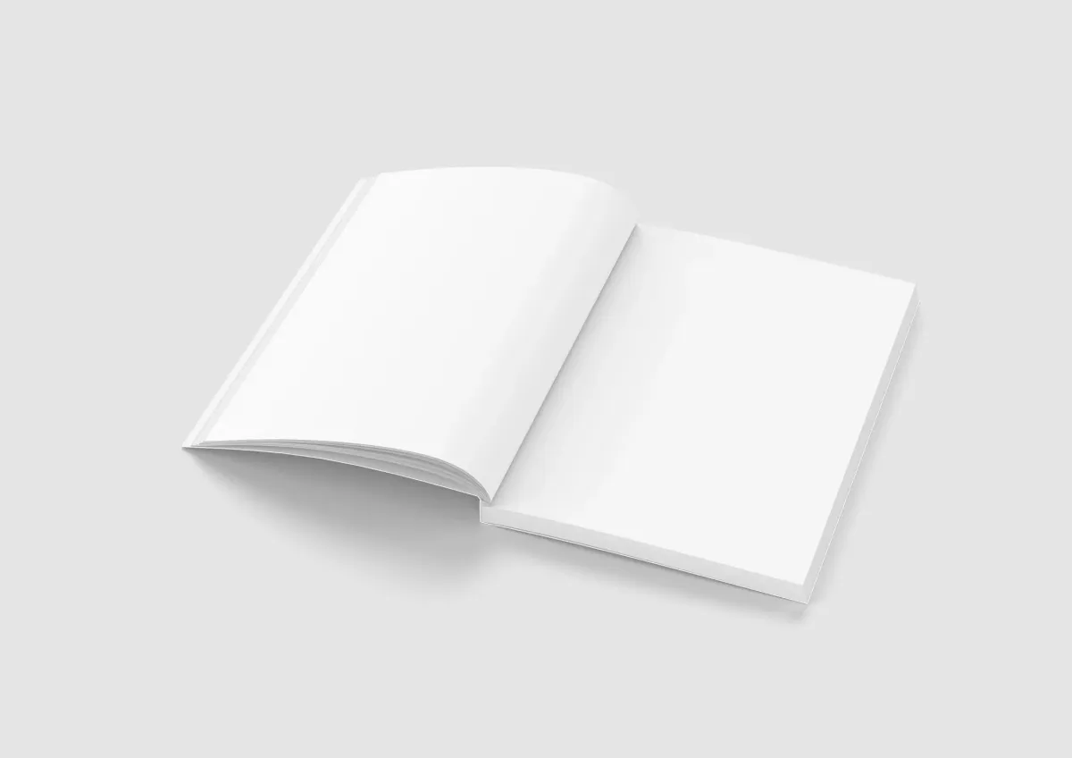 A plain white softcover sample, open.