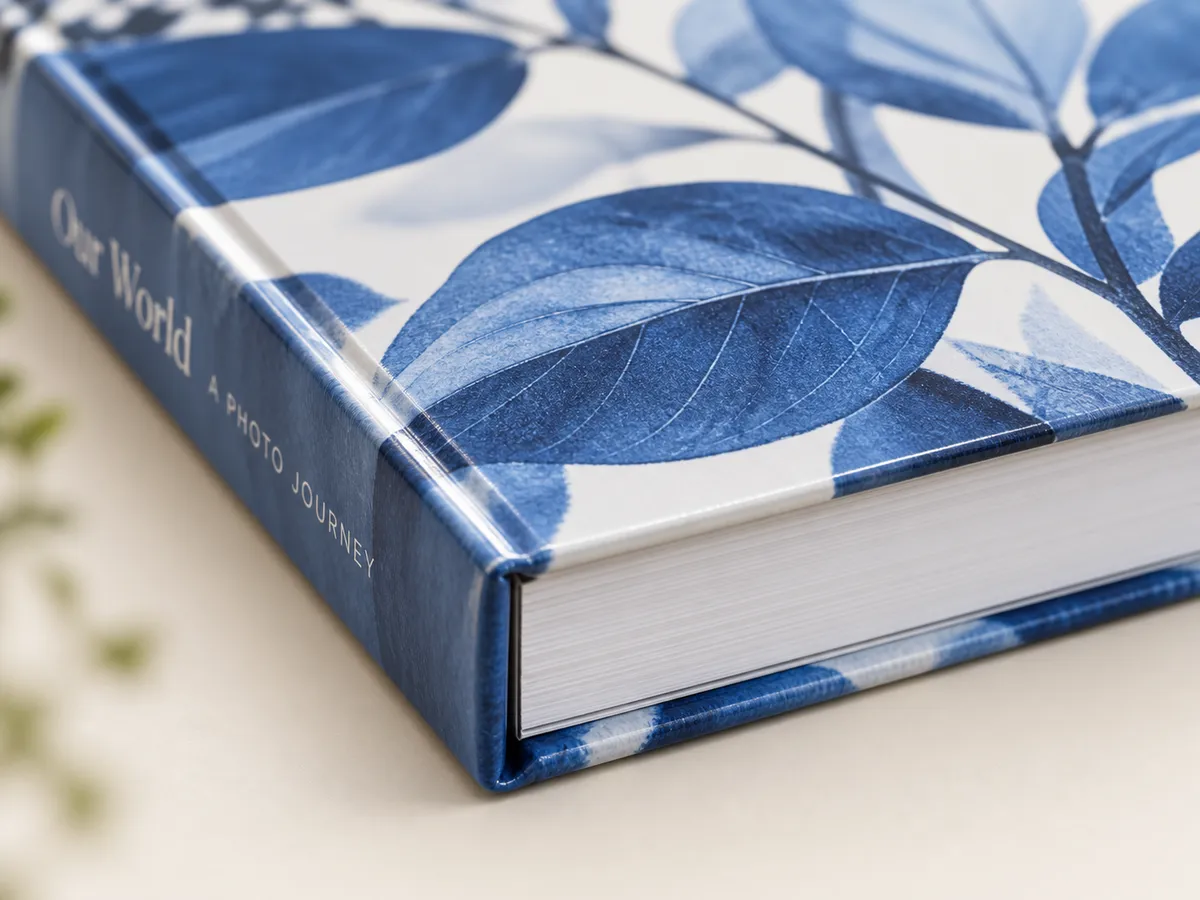 The corner of a hardcover book with a printed blue leaf cover.