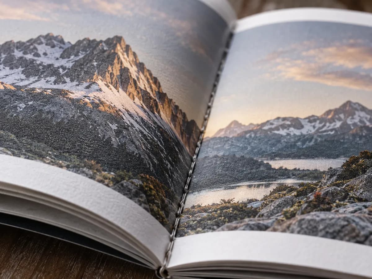 An open book with mountain photographs across both pages.