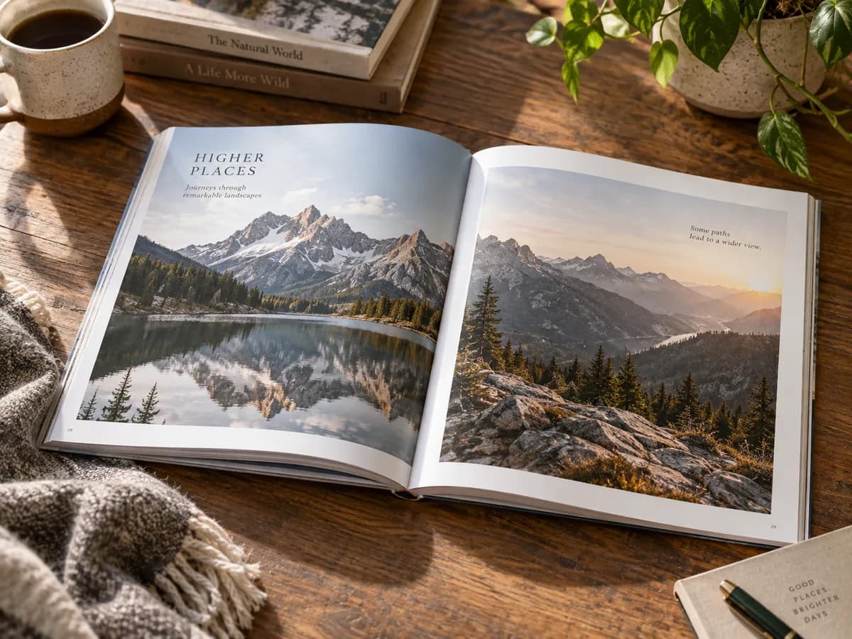 An art book open to a mountain photo spread on a wooden table.