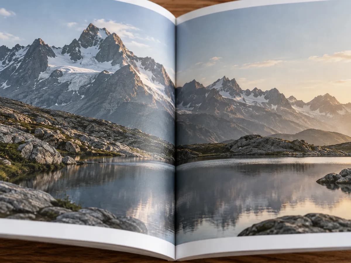 A softcover book open to a mountain lake spread.