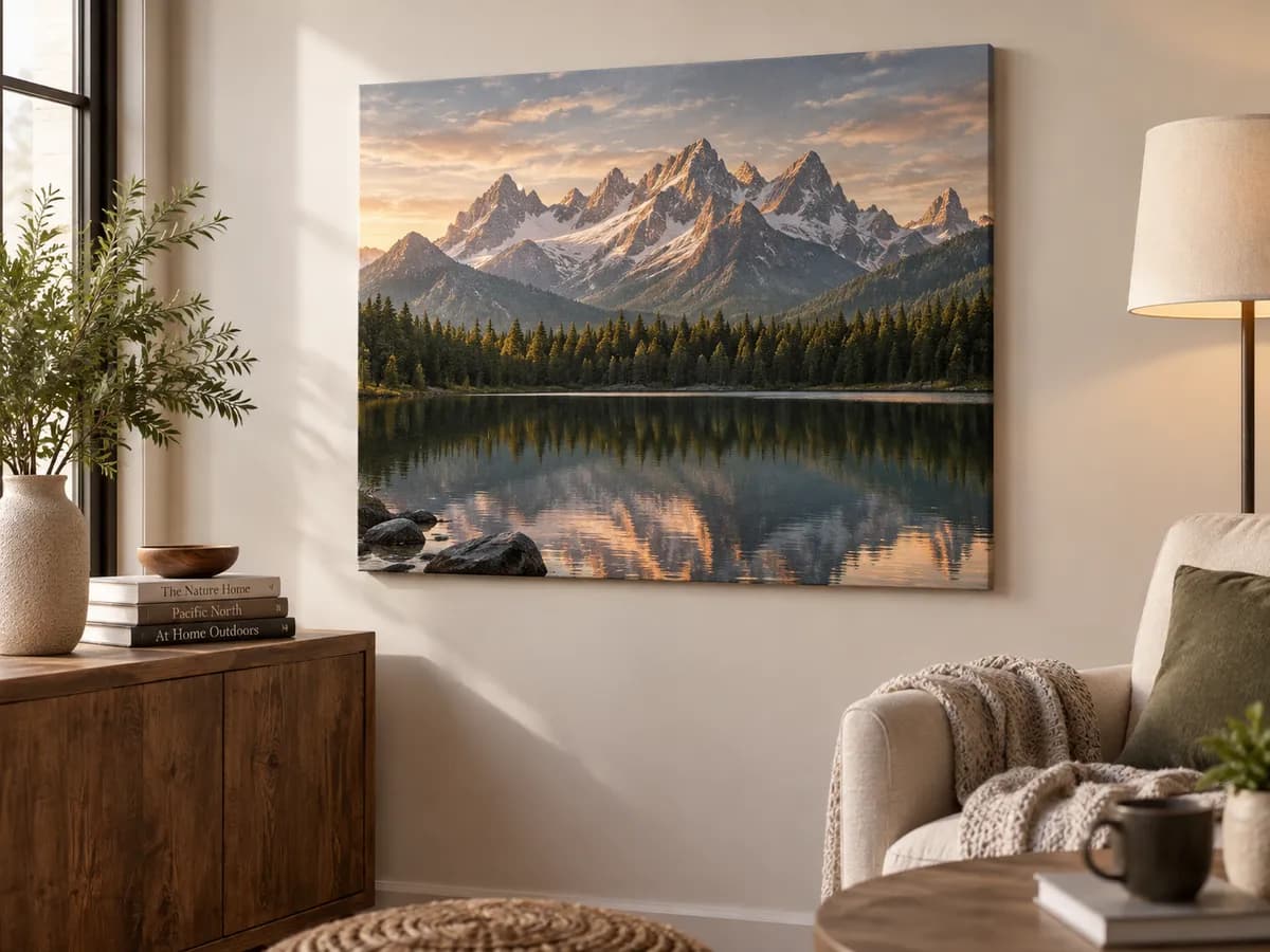 A mountain canvas on a living room wall.