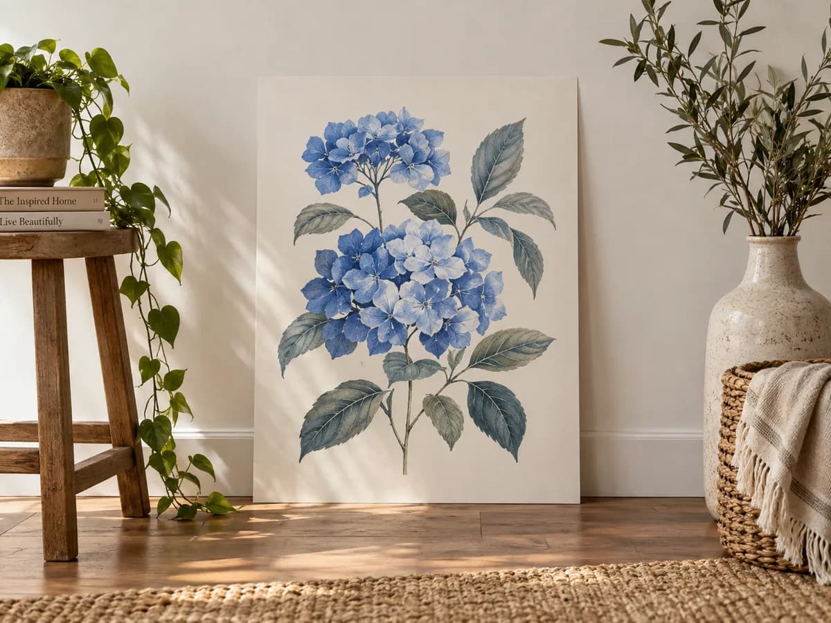 A botanical print leaning against a living room wall.