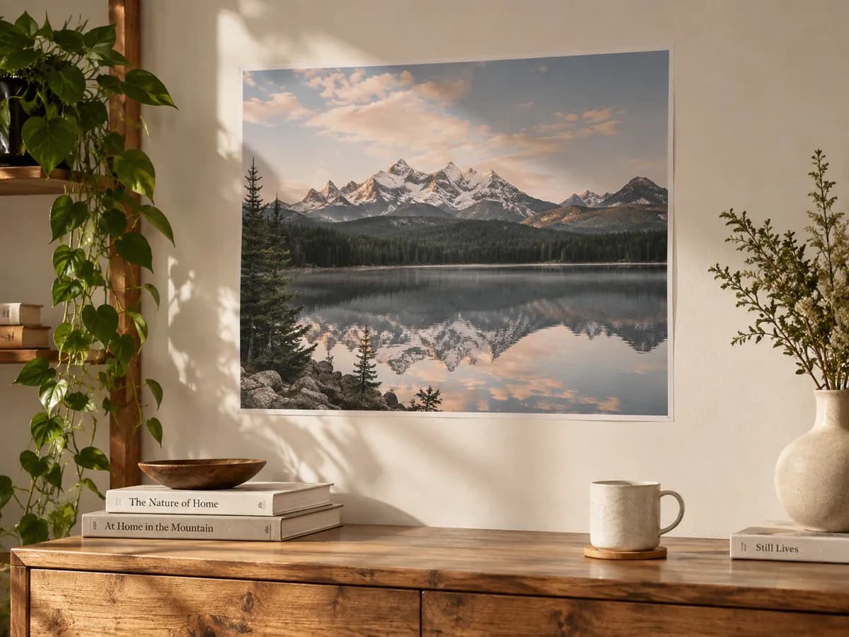 A mountain lake print on the wall above a wooden sideboard.