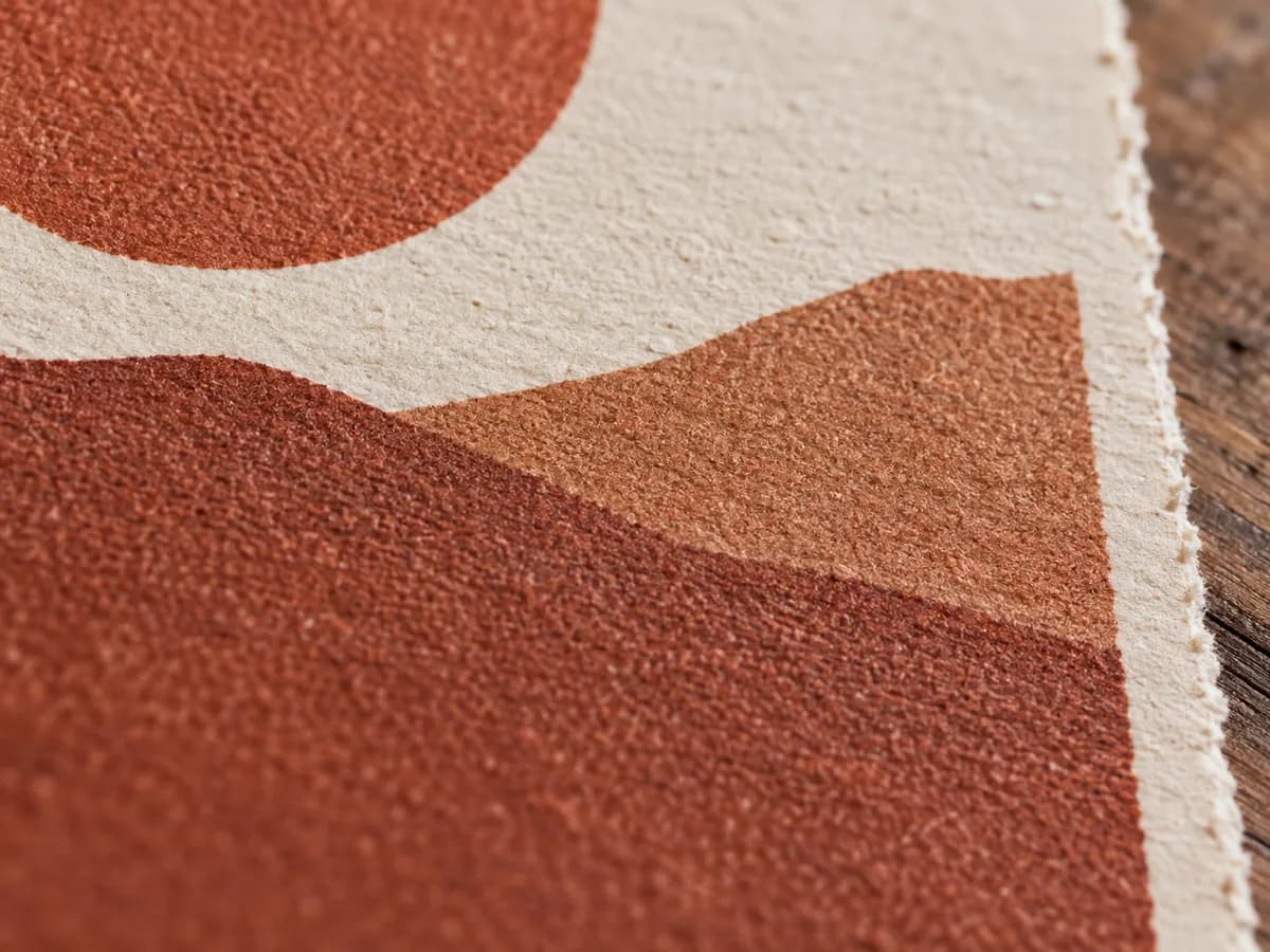 A close look at a terracotta sun and hills print.